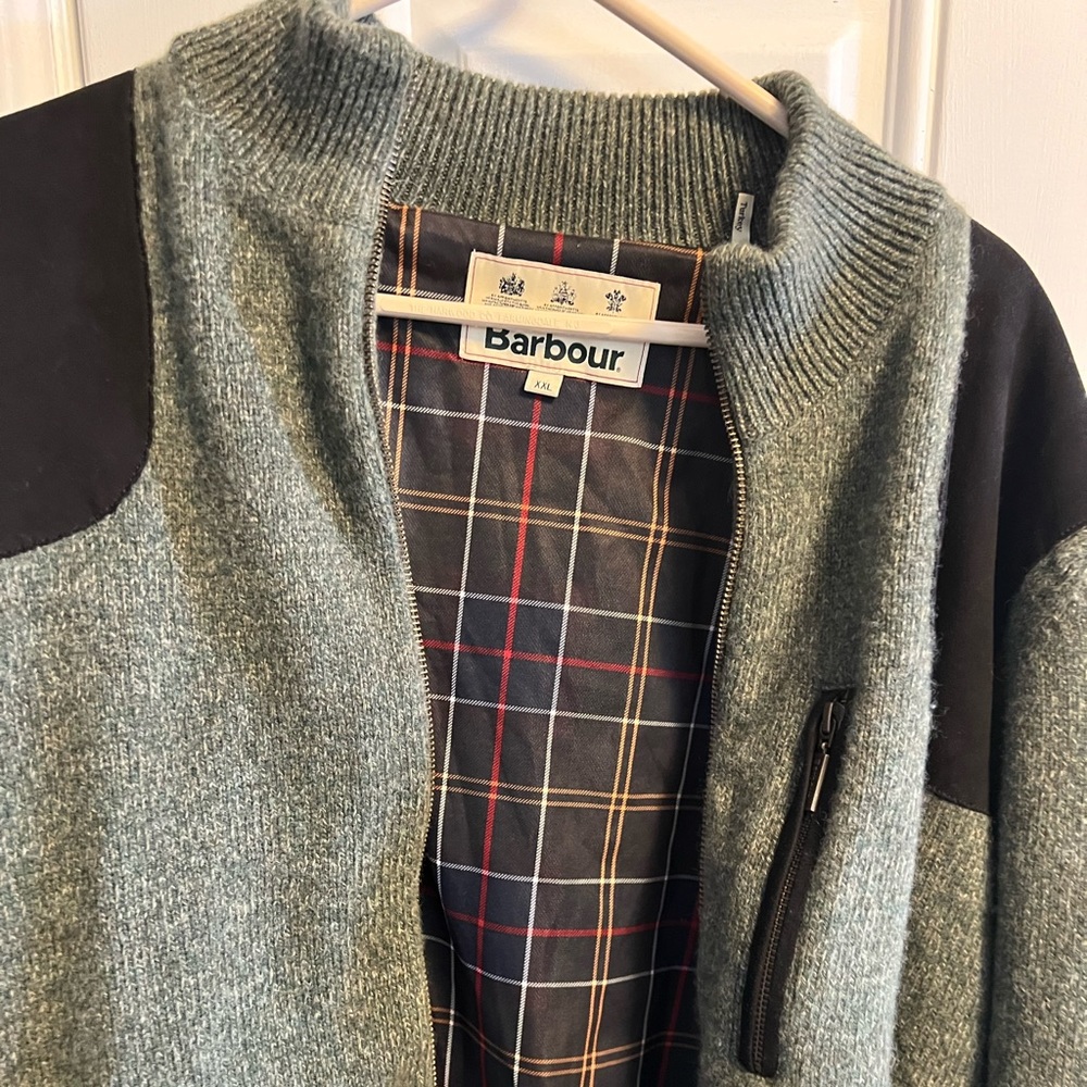 Barbour Danby Lined Full Zip Sweater Lambs Wool Suede Recoil Patches Olive XXL